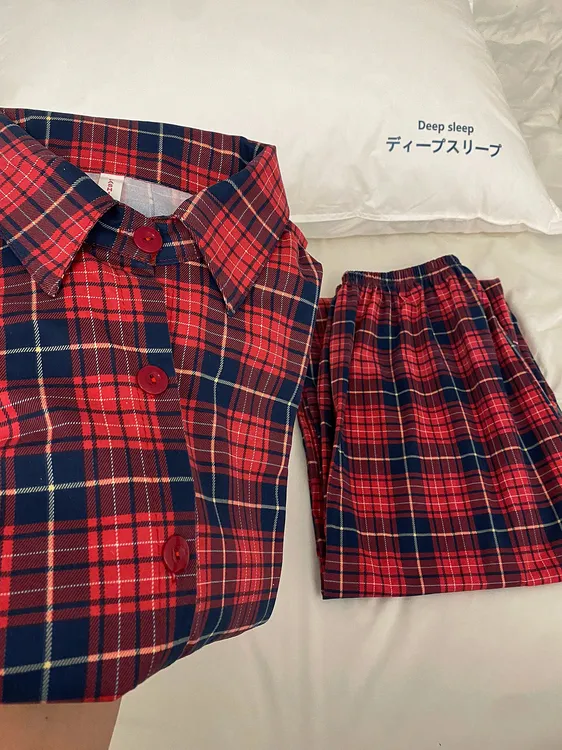 2025新款复古撞色格纹翻领睡衣女春秋季新款舒适外穿家居服两件套