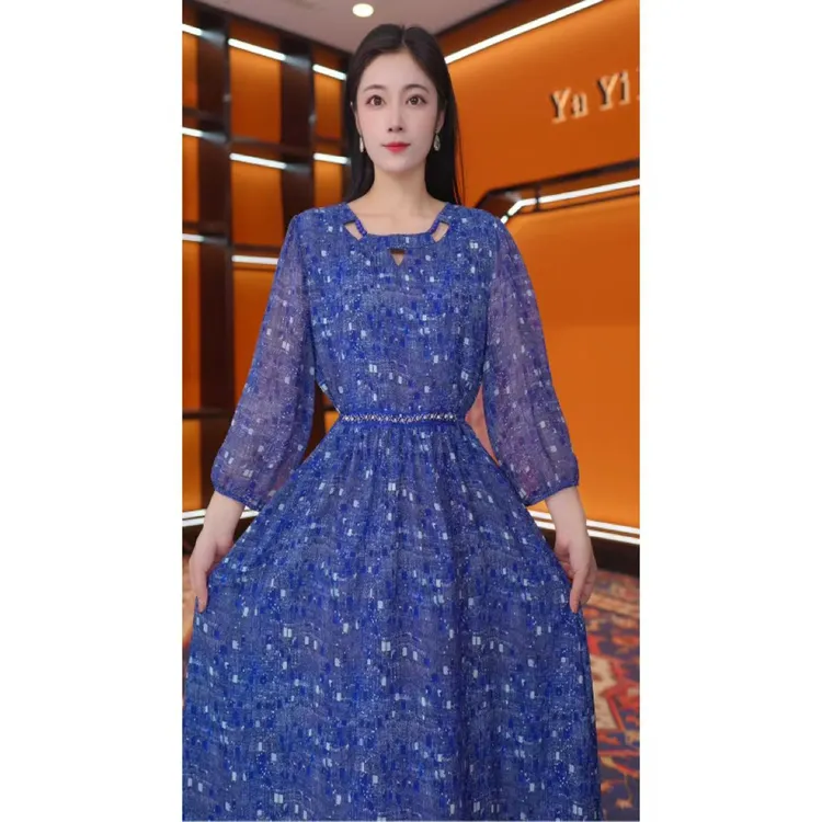 蓝韵婉裳-2025高端连衣裙高贵显瘦新款夏季中年妈妈装中长款-俊俊