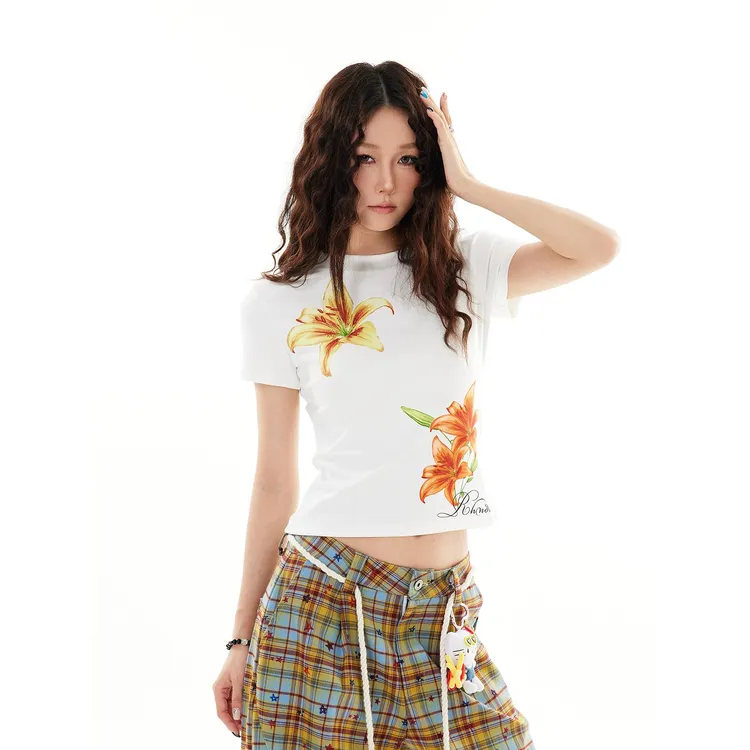 SREK 美式花卉印花星星显瘦短袖T恤女夏季修身甜辣减龄短款上衣