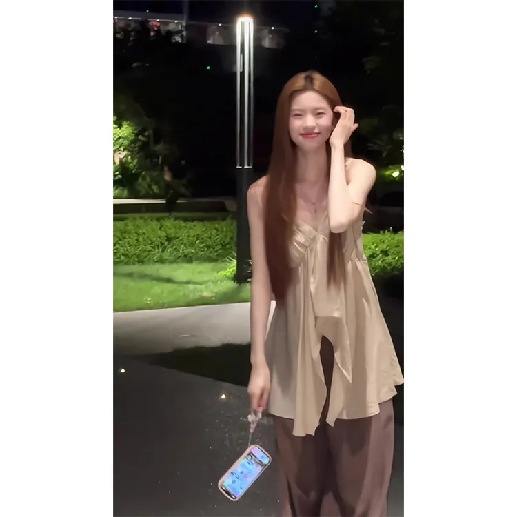 老钱风松弛感女装不规则高级感吊带背心夏季高腰宽松休闲阔腿裤