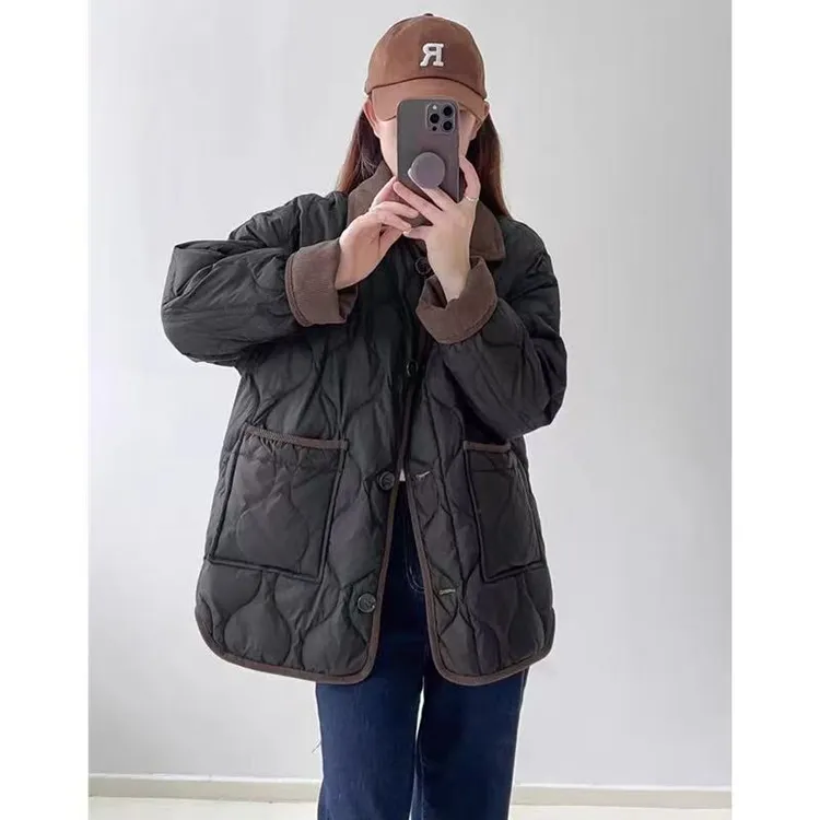 小香风大码棉服菱形格轻薄翻领棉衣2025年秋冬新款棉衣胖mm棉衣女