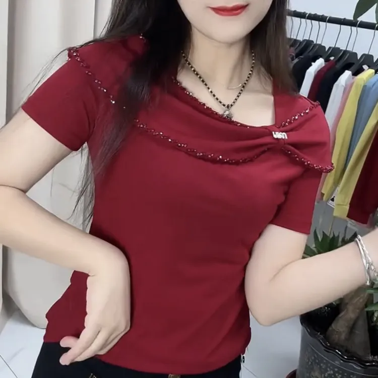 短袖修身型新潮风串珠T恤性感气质洋气时尚夏季小衫