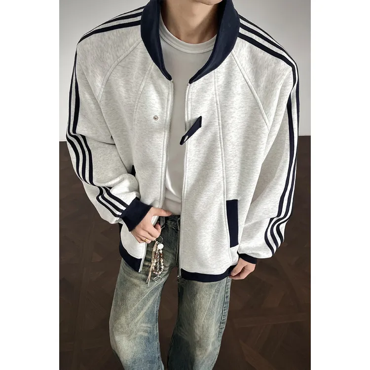 美式条纹卫衣外套男女秋季高街痞帅撞色拼接棒球服学院风立领夹克