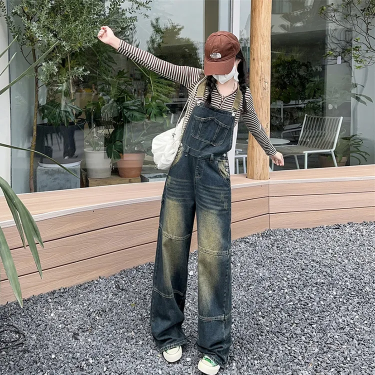 美式复古水洗牛仔背带裤女宽松工装设计感高腰显瘦连体裤拖地长裤