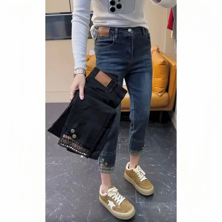 飞芊娅2024年胖MM时尚高腰显瘦牛仔裤女秋冬季加厚九分直筒烟管裤