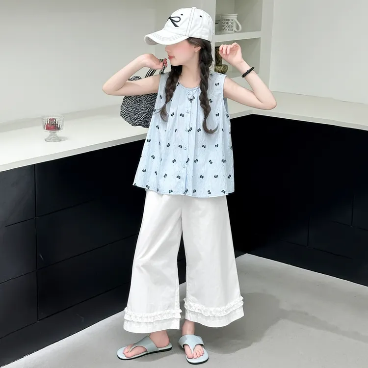 女童夏装套装2025新款甜美风透气儿童无袖碎花娃娃衫阔腿裤两件套