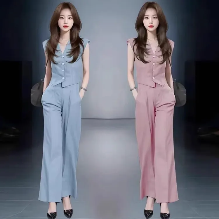 拉夏贝尔时尚套装女夏季新款洋气质减龄V领上衣阔腿裤休闲两件套