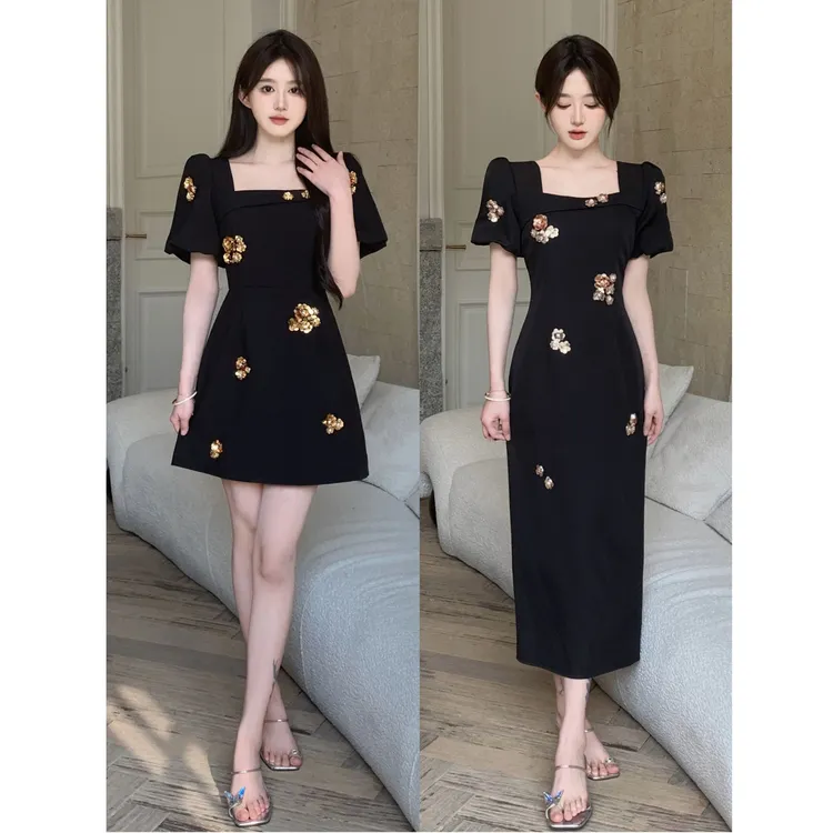 大码女装夏季新款法式甜美重工钉珠长短款设计感连衣裙