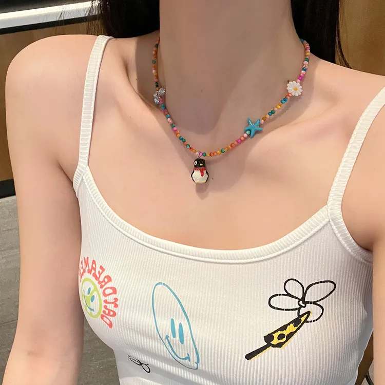 合金亚克力项链 合金亚克力项链彩色多巴胺海星串珠企鹅项链女