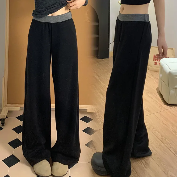 孕妇美式休闲运动裤2025新款女早秋季高腰垂感撞色拼接阔腿裤高定