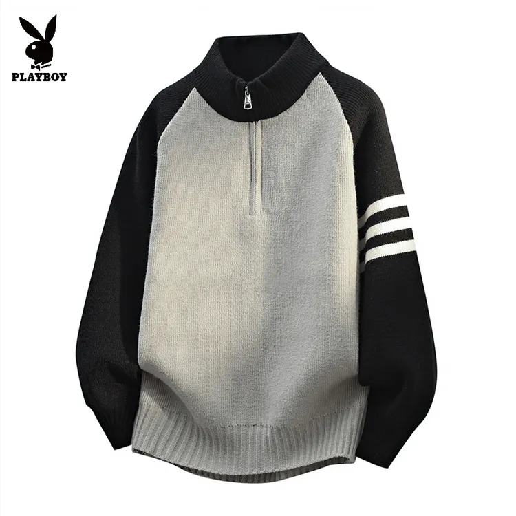 花花公子半拉链立领毛衣男秋冬季毛线衣服青少年半高领针织衫外套