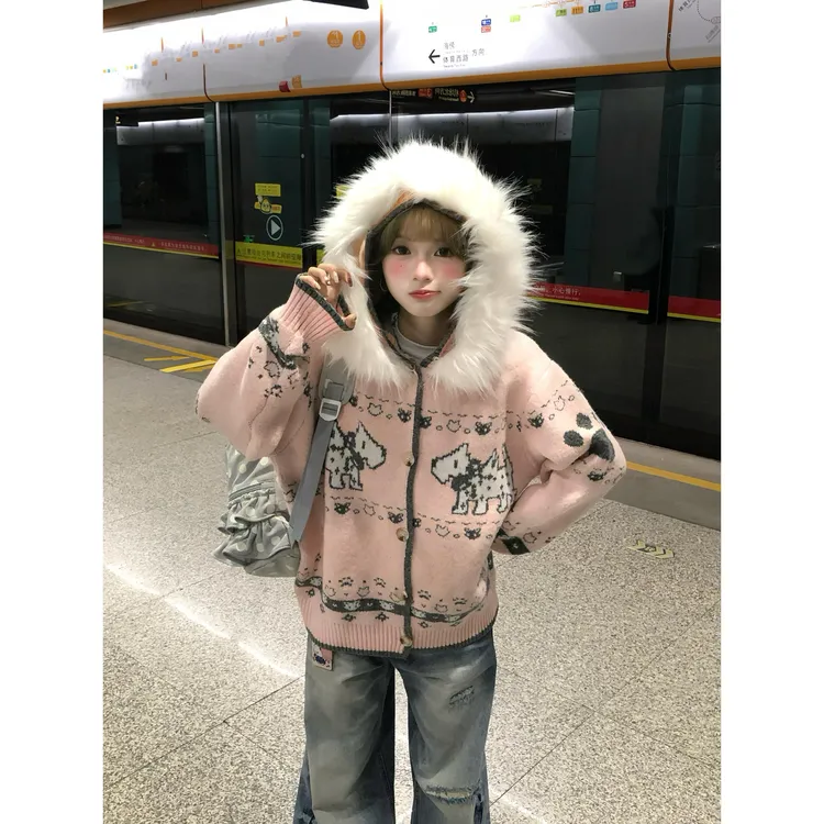 美式复古毛领提花连帽针织开衫费尔岛小狗毛衣女秋冬小个子外套