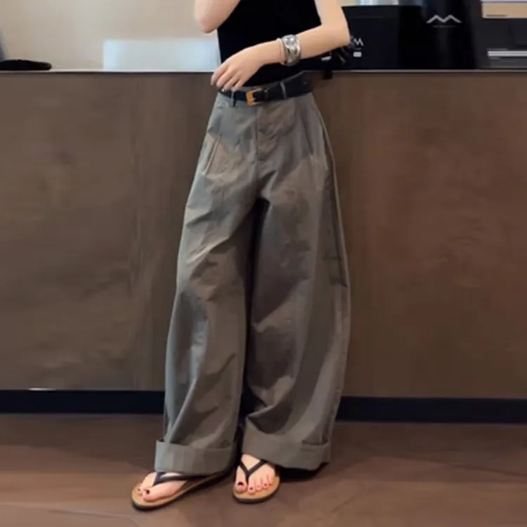 美式复古灰色阔腿裤女夏季2025新款立体裁剪薄款宽松弯刀休闲裤子