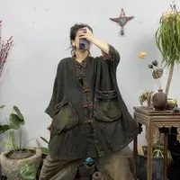 7087两大口袋蝙蝠袖盘扣炒色牛仔风衣外套（长84胸围170