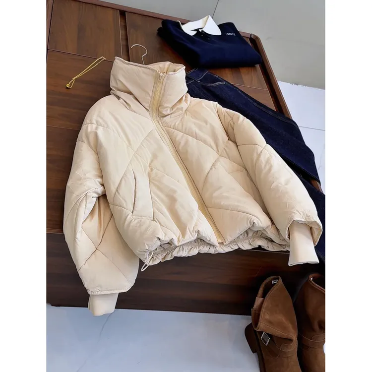 重工！走戏班牙！高级杏色立领菱形格加厚保暖拉链抽绳棉服外套