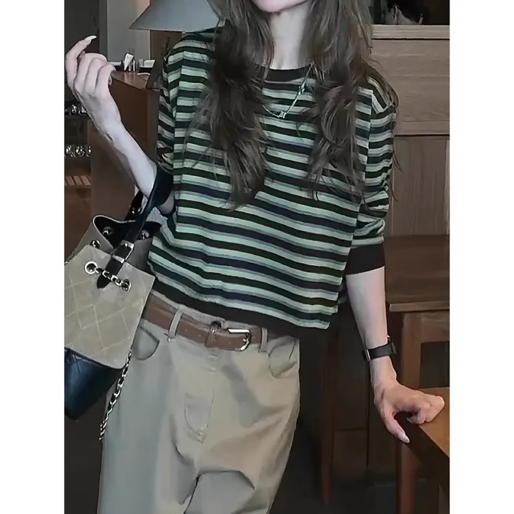 大码胖美式条纹显瘦长袖恤女秋季内搭打底衫超火减龄上衣