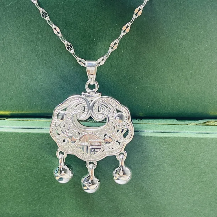 坠链均足银 福字铃铛长命锁小银锁吊坠坠链时尚