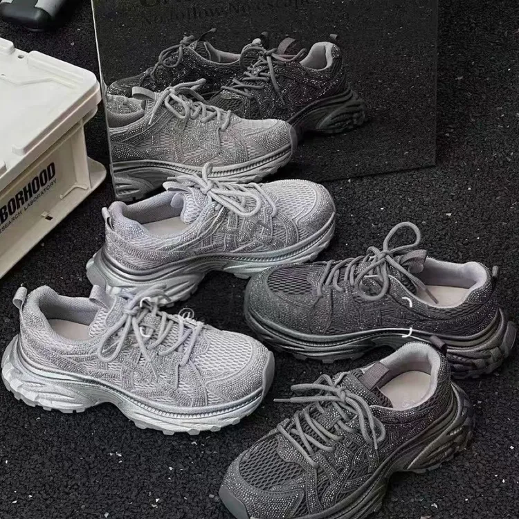 流光厚底老爹鞋欧洲站网面水钻真皮老爹鞋2025系带轻便增高小个子