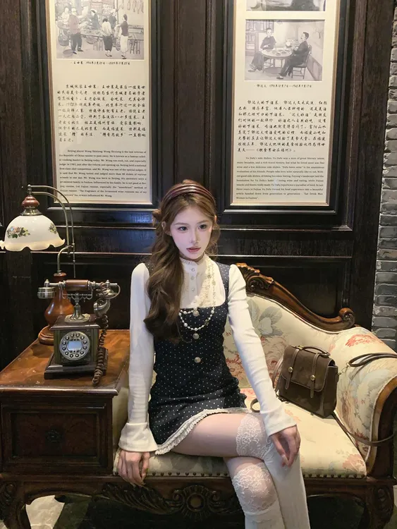 麻吉moc【漫天星辰】假两件miu系波点韩剧女主秋冬百搭半裙长裤套装