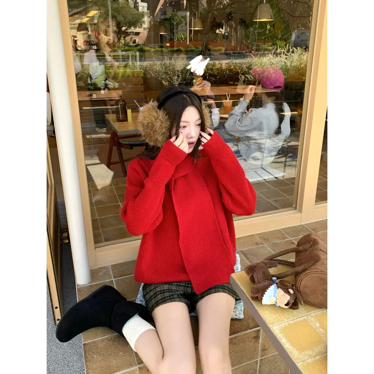Y1168【新年氛围】节日穿搭套头针织衫女可拆卸围巾软糯显瘦毛衣