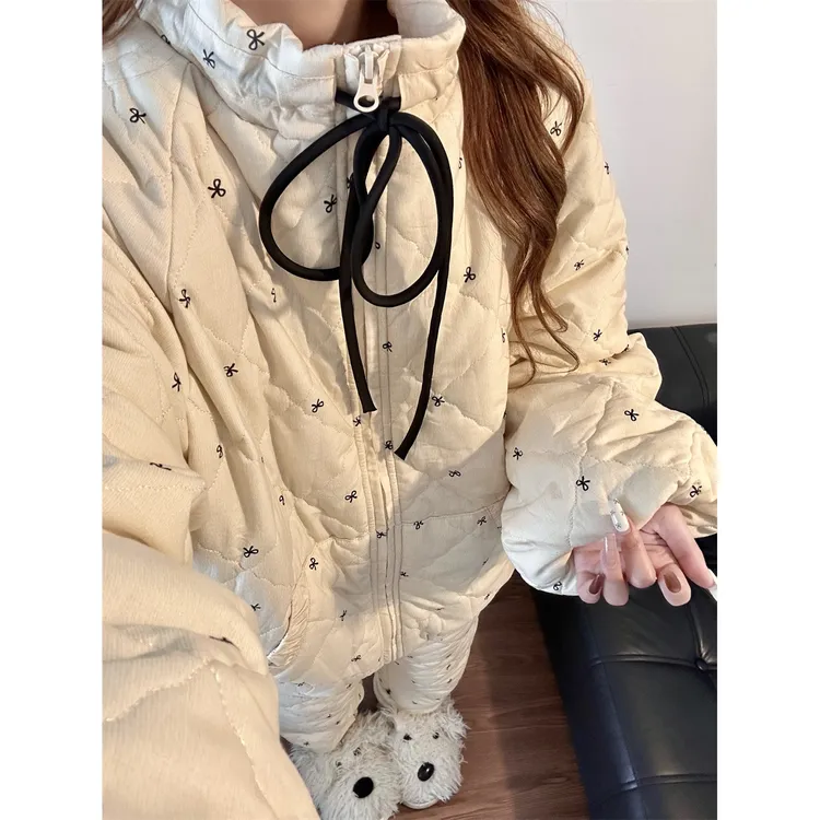 韩版蝴蝶结印花夹棉保暖睡衣女秋冬季加厚棉服休闲显瘦家居服套装