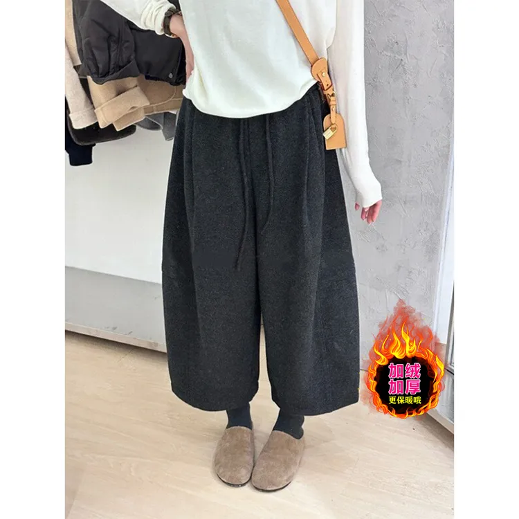 韩系毛呢阔腿休闲裤女加厚冬季新款大码高腰小个子宽松显瘦直筒裤