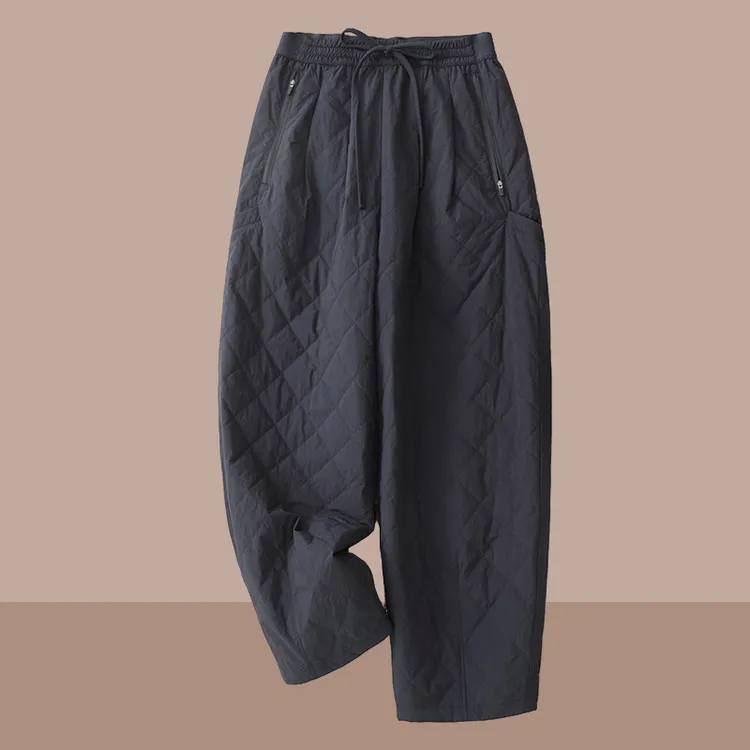 高级感藏青色保暖加厚阔腿棉裤女2025冬季新款宽松休闲直筒九分裤