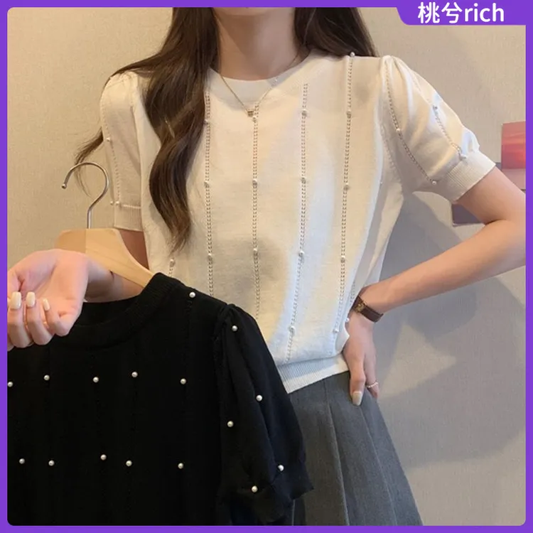 I大码女装短袖t恤女夏季2025设计感钉珠遮肉显瘦上衣1