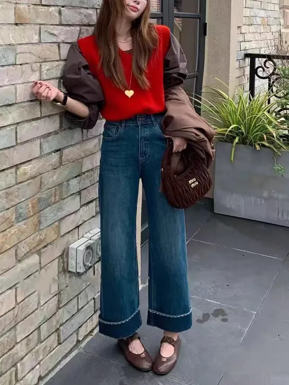 设计感刺绣直筒牛仔裤女大码胖mm秋季新款梨形身材韩版弹力阔腿裤