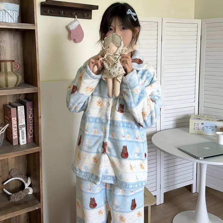 侘町2025年睡衣新款冬季法兰绒baby蓝费尔岛米菲女长袖保暖家居服