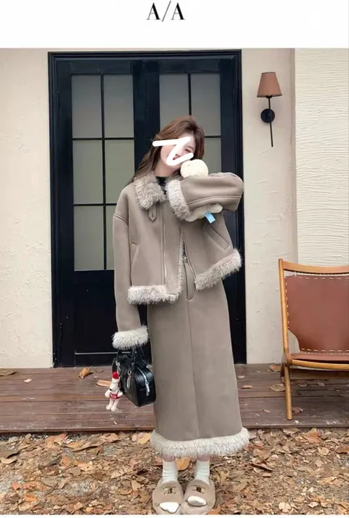 时尚欧货冬季毛毛拼接设计感2025宽松休闲保暖外套+半裙套装2776