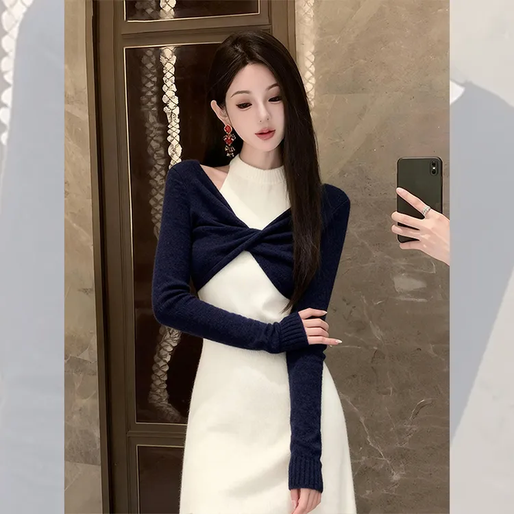 女生韩系ins漂亮出片衣服秋冬高贵气质针织连衣裙交叉内搭收腰裙