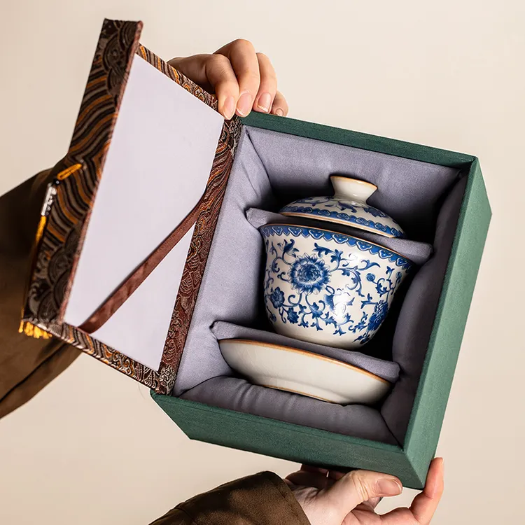 汝窑青花悬停旋转三才盖碗茶杯泡茶碗带盖专用不烫手功夫茶具礼盒