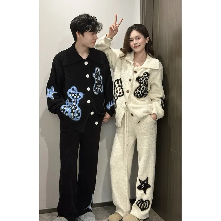 甜美黑白针织半边绒情侣睡衣女秋冬新款加绒加厚家居服套装可外穿