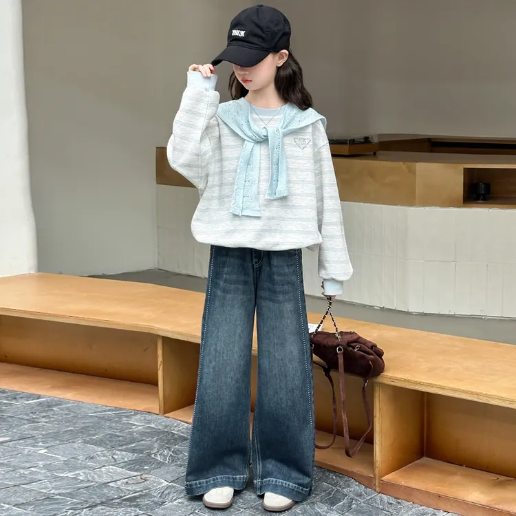 女童秋装套装2025新款洋气儿童披肩条纹卫衣大童春秋牛仔裤两件套