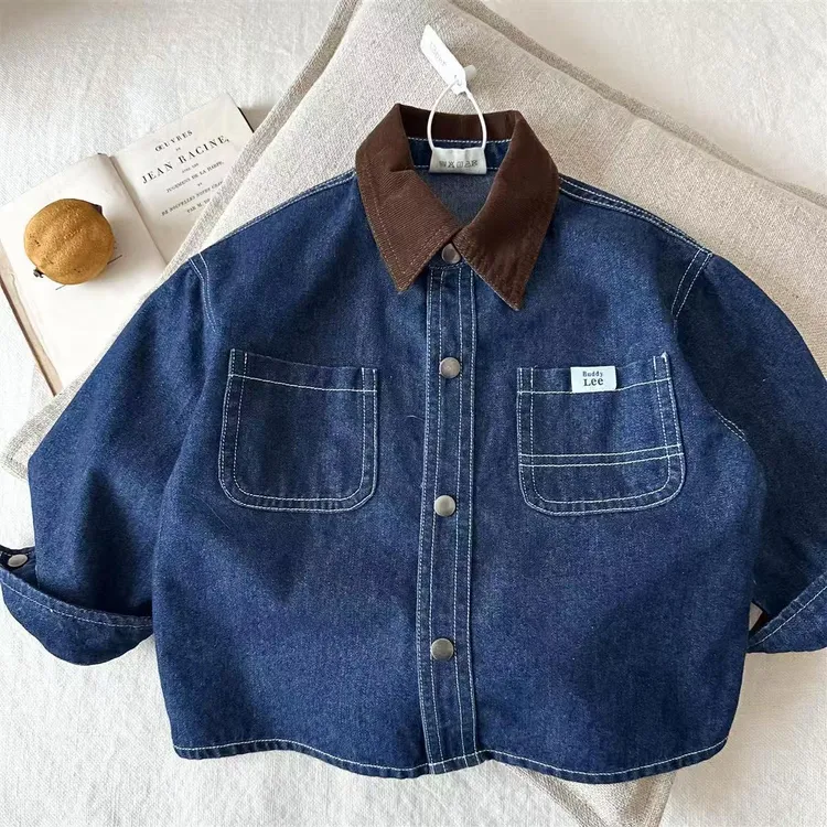 儿童牛仔衬衫2025春秋男女童日系潮牌翻领拼色上衣中小童外套