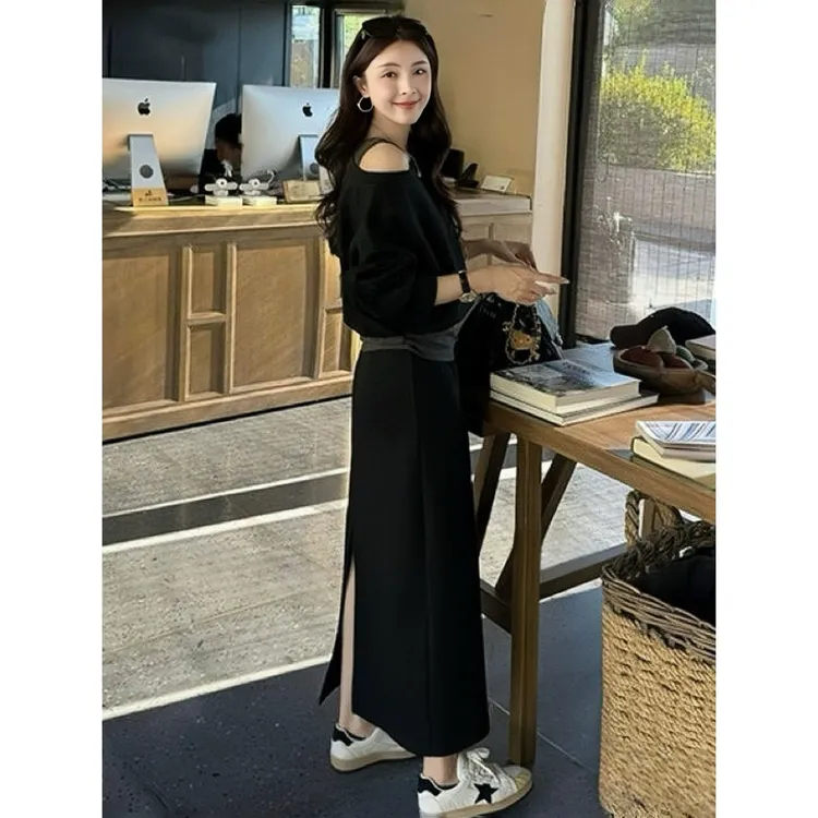 63187秋季新款韩系设计感假两件露肩上衣搭配半身裙套装