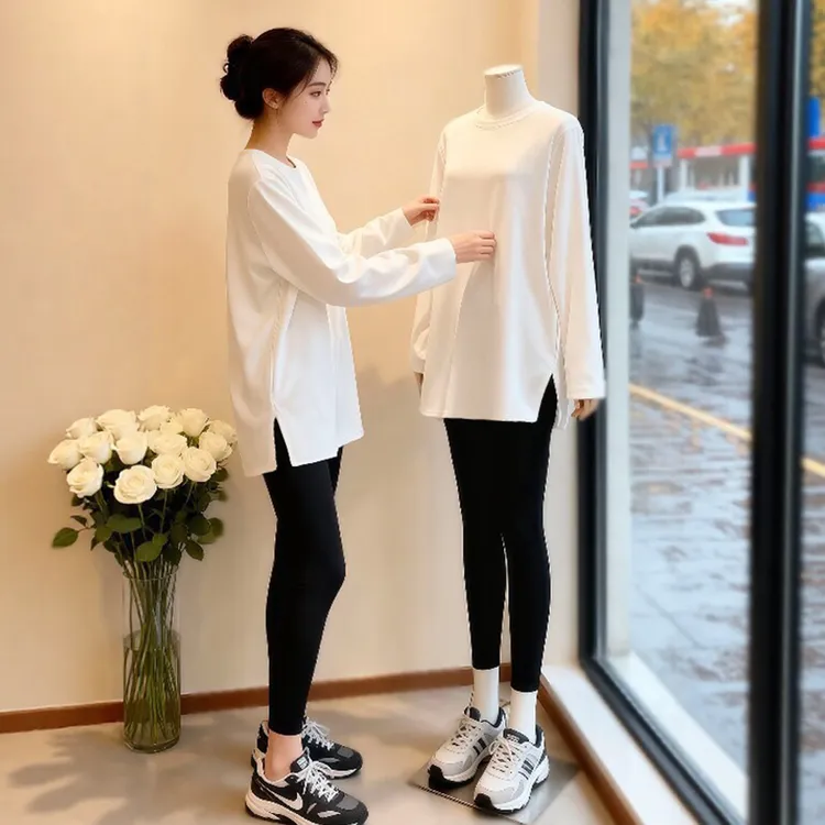 德绒白色中长款长袖t恤女2026秋冬大码胖mm显瘦宽松遮肉打底上衣