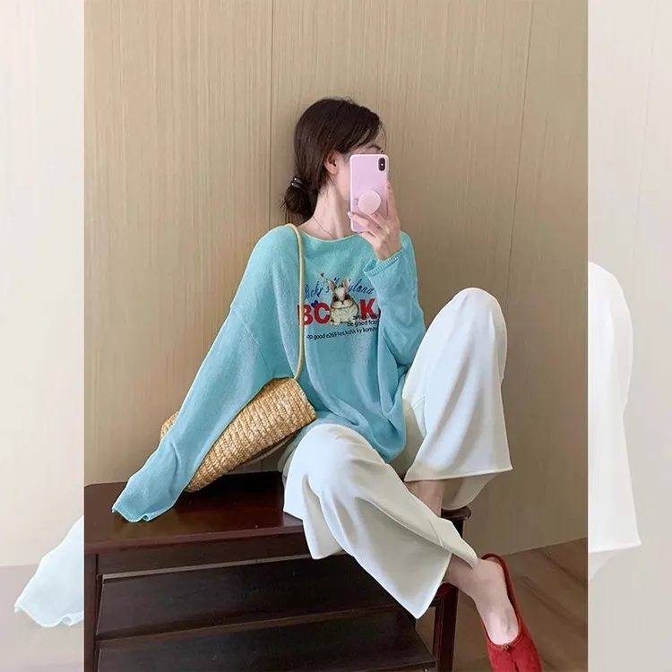 2025超火减龄宽松休闲百搭法式上衣可爱蓝色兔子印花长袖t恤女夏