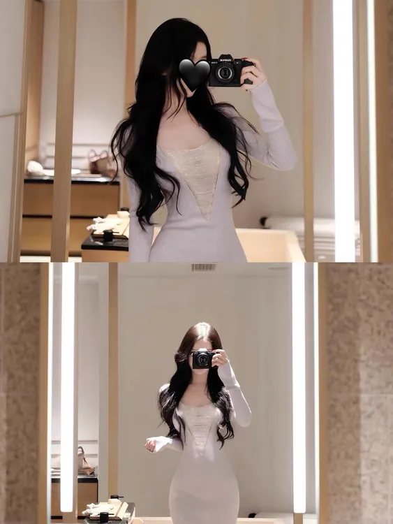 晚宴流光 设计感网纱拼接连衣裙女秋冬显瘦修身气质时尚针织短裙