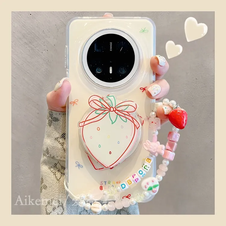 适用华为mate70pro+手机壳线条蝴蝶结mate60pro+草莓磁吸支架链条