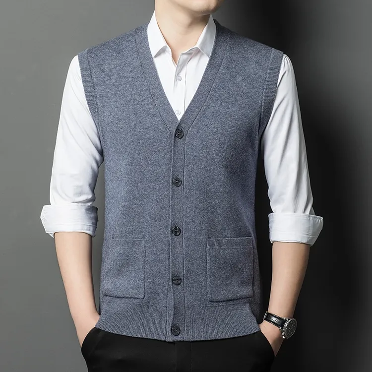 休闲狼2402时尚男士加厚开衫修身秋冬保暖中年针织马甲男款纯色