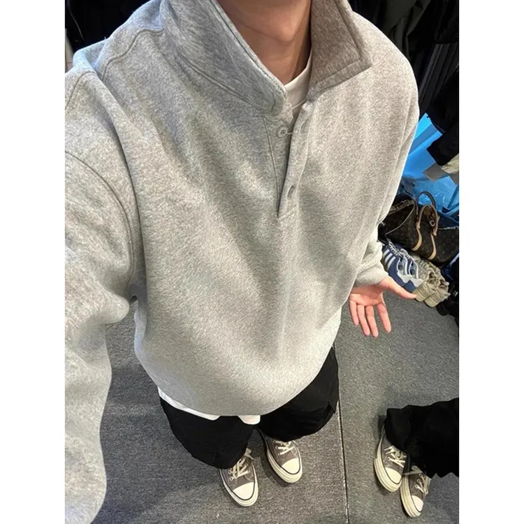 灰色翻领卫衣外套男款美式宽松百搭休闲套头长袖上衣春秋polo衫