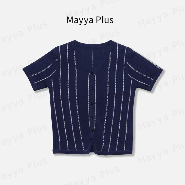 【老钱格调】Mayya Plus麦芽定制条纹V领针织开衫百搭上衣32528653