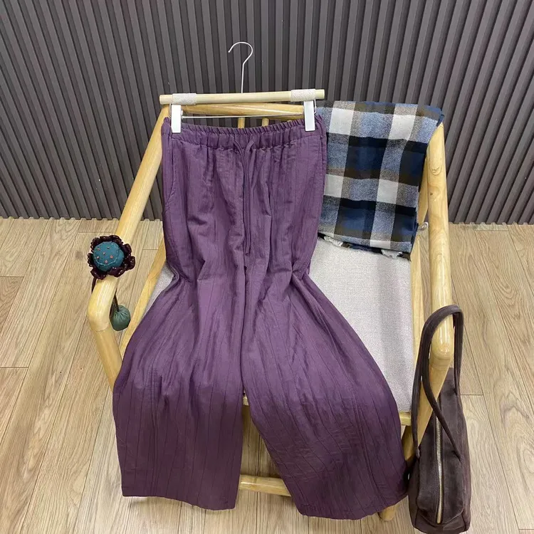 秋冬复古高腰天丝亚麻夹棉阔腿裤纯色宽松百搭显瘦文艺长裤女K995