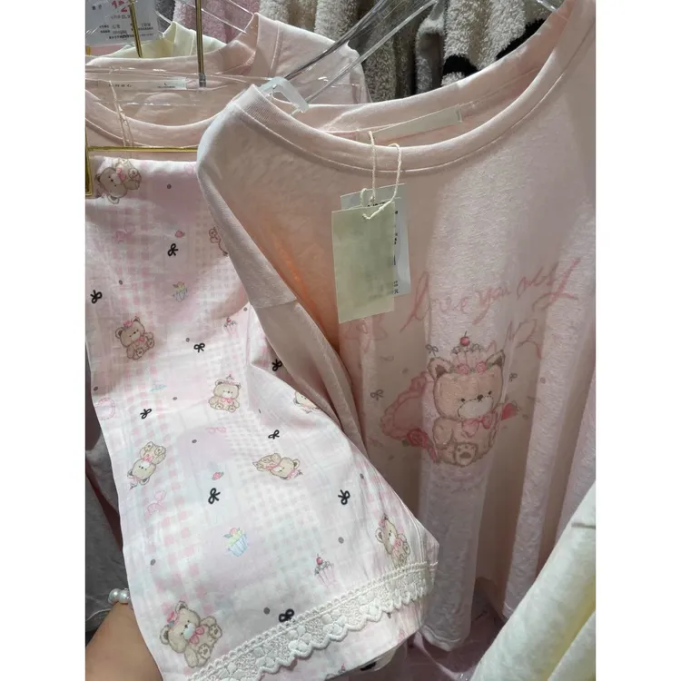 【玫瑰小熊】甜美少女长袖t恤睡衣女春秋新款休闲套装家居服可外穿
