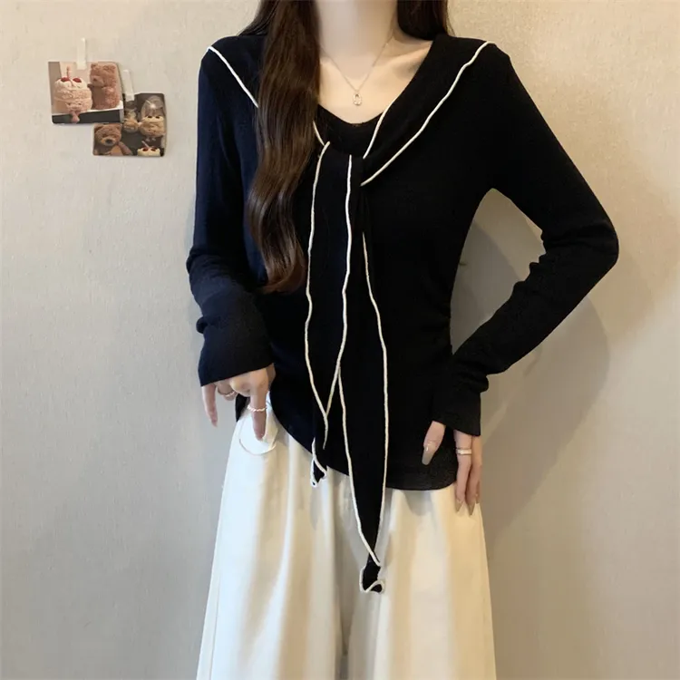 2025早秋新款韩版十三行修身减龄显瘦休闲百搭海军翻领套头针织衫