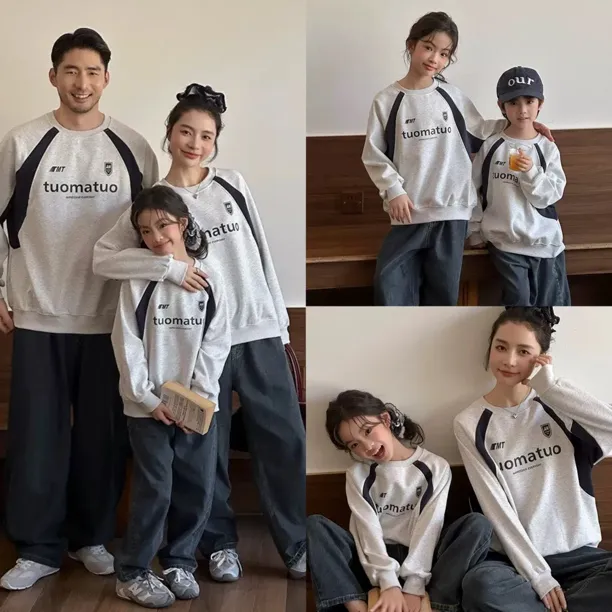 炸街高端亲子装母子撞色圆领卫衣2025秋季一家三口休闲运动上衣潮