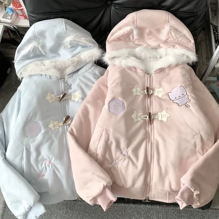 Blurred bear原创日系软妹可爱猫咪刺绣加厚保暖棉衣麂皮绒外套女