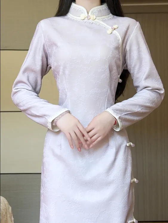 紫色复古新中式长袖旗袍女2025秋季新款日常可穿改良年轻款连衣裙